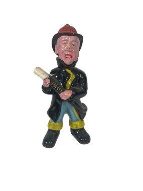 Hand Painted Vintage Fireman Decanter With Cork Head Stopper Ceramic Black